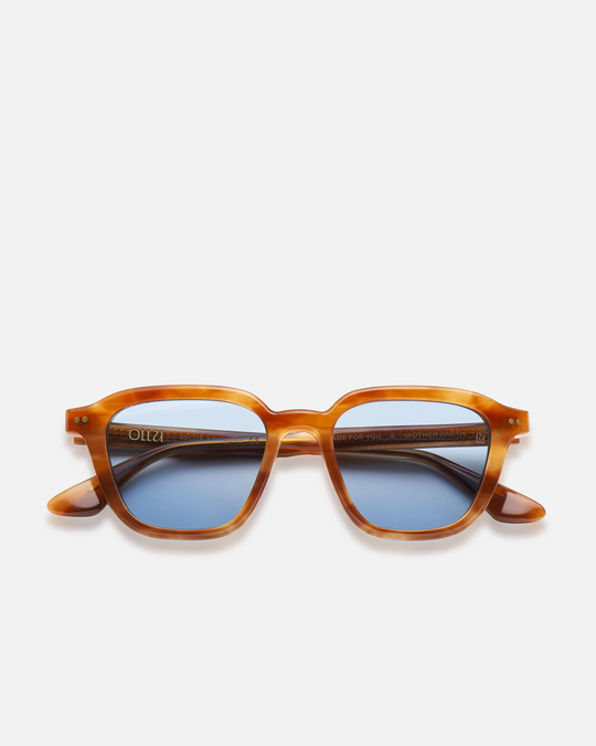Yuzu light brown rounded square sunglasses with light blue lenses, front view